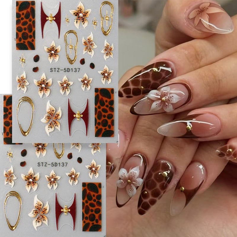 OSTTMA 2 Sheets Fall Flower Nail Art Stickers 5D Embossed Nail Decals Brown Flowers Leopard Print Gold Frame Design Sticker Self-Adhesive Nails Supplies for Women Autumn Winter Nails Art Decorations - Image 3